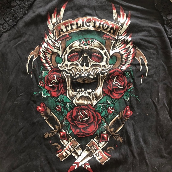 AFFLICTION Screamin Roses Crochet Sleeve T-Shirt - Picture 6 of 10